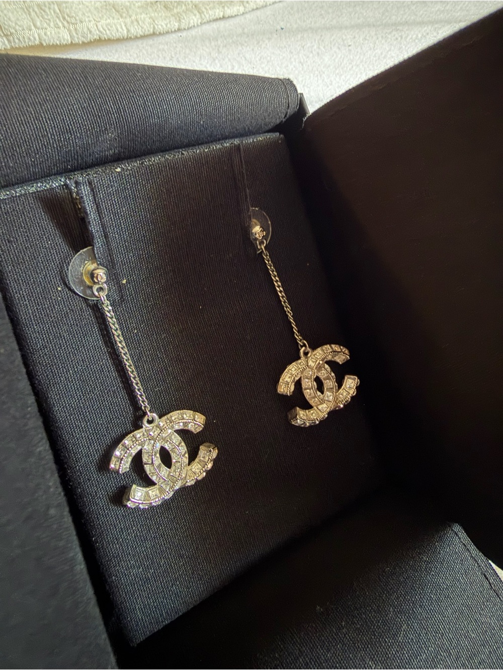Chanel Crystal Logo Drop Earrings